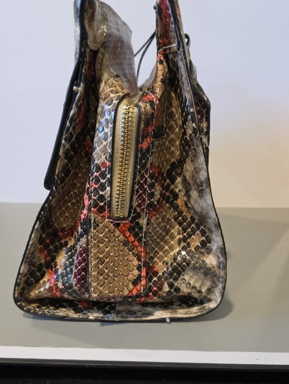 Fiorelli Mia Snake-Print Structured Tote Handbag in Beige and Red